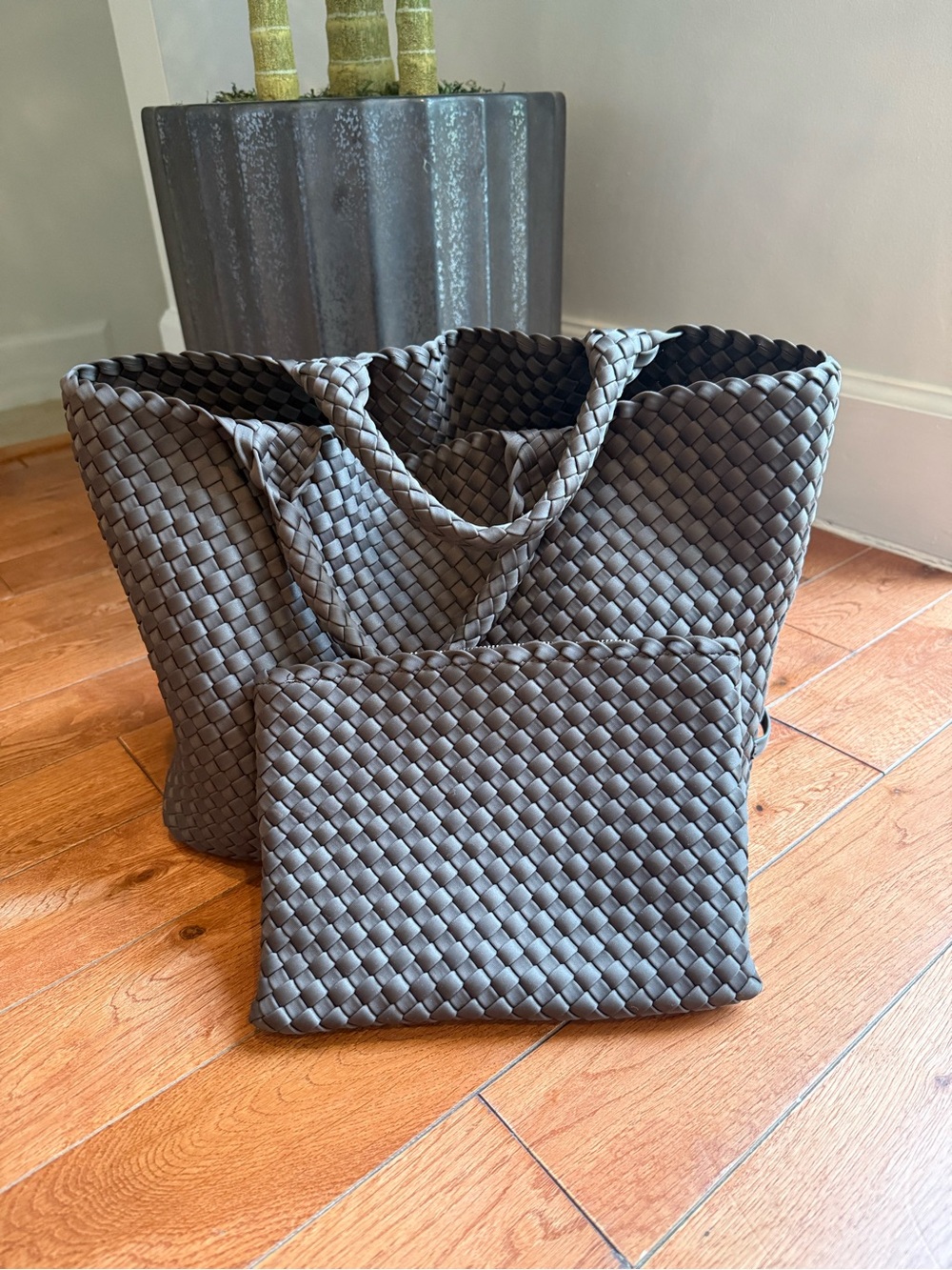 Naghedi Woven Tote and Pouch in coffee brown